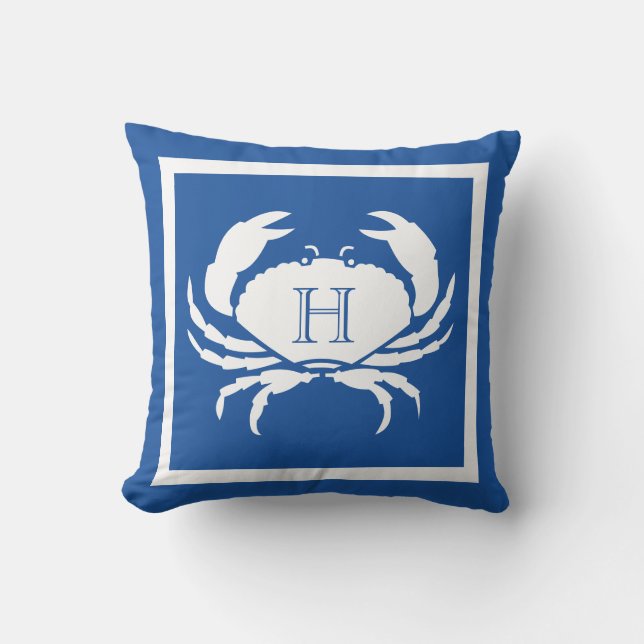 Mit Monogramm blaue weiße Krabbenpilze Kissen (Vorderseite)