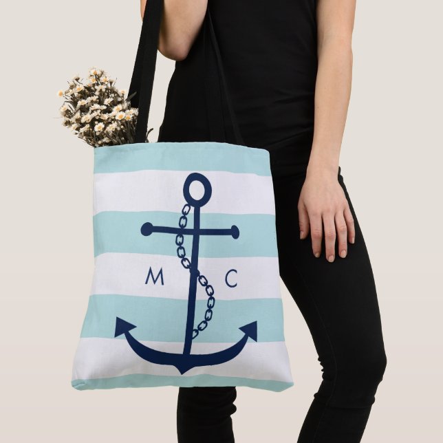 Mit Monogramm Blauer Anker auf Minzstreifen Tasche (Von Nahem)