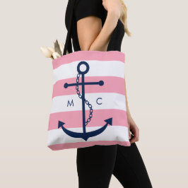 Mit Monogramm Blauer Anker auf rosa Streifen Tasche