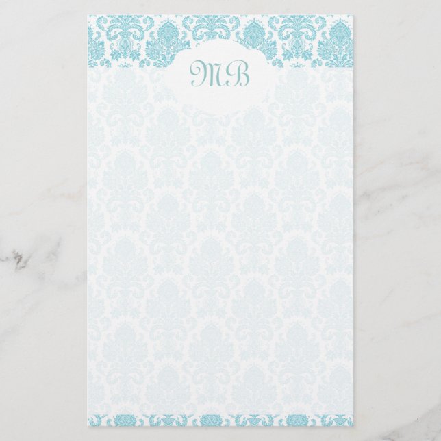Mit Monogramm blauer Damast Briefpapier (Vorderseite)
