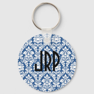 Mit Monogramm Blauer Damast Schlüsselanhänger