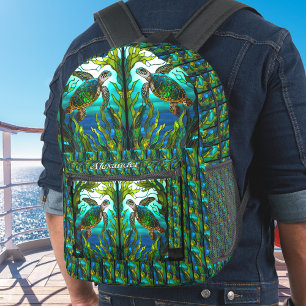 Mit Monogramm Blauer Meeresschildkröten Bedruckter Rucksack