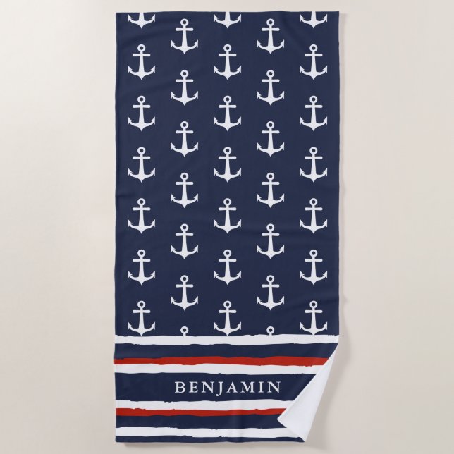 Mit Monogramm blauer weißer Anker der Nautic Navy Strandtuch (Vorderseite)