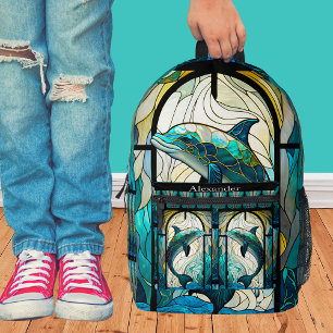 Mit Monogramm blaues Aquamarines Dolphin-Bleiglas- Bedruckter Rucksack