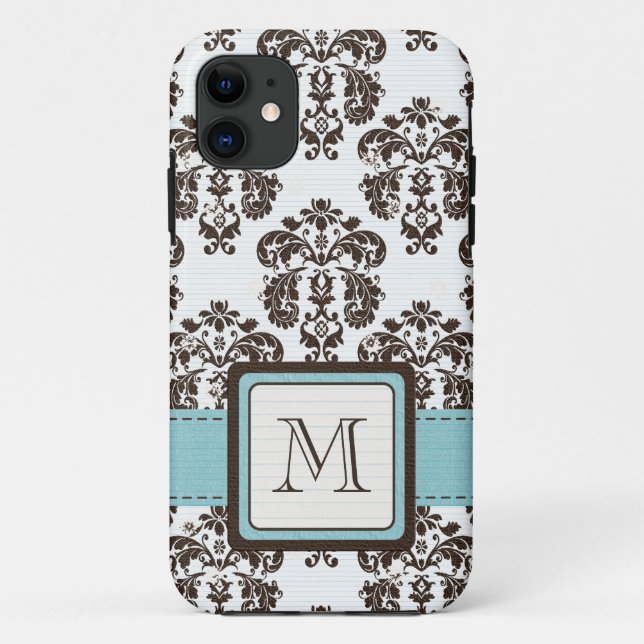 Mit Monogramm blaues Brown-Damast Case-Mate iPhone Hülle (Rückseite)