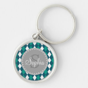 Mit Monogramm blaues Diamantenmuster Schlüsselanhänger