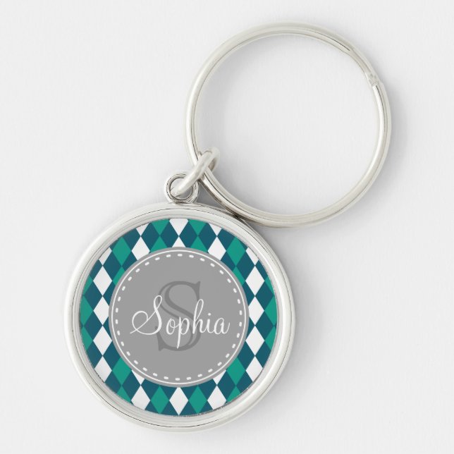 Mit Monogramm blaues Diamantenmuster Schlüsselanhänger (Vorne)