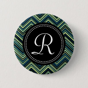 Mit Monogramm blaues Tribal-Zickzack Muster Button