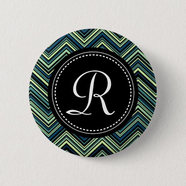 Mit Monogramm blaues Tribal-Zickzack Muster Button (Vorderseite)