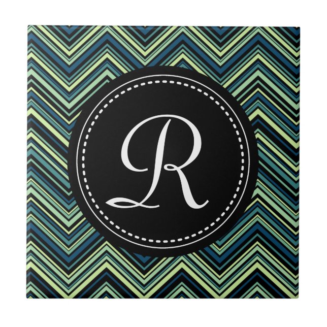 Mit Monogramm blaues Tribal-Zickzack Muster Fliese (Vorderseite)
