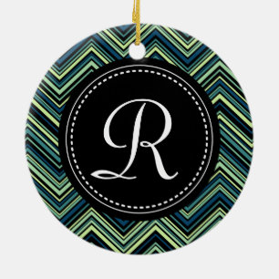 Mit Monogramm blaues Tribal-Zickzack Muster Keramik Ornament