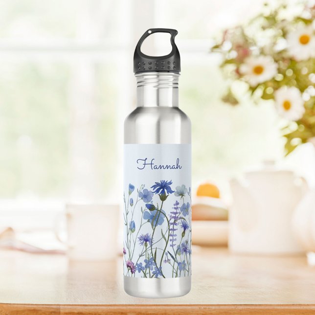 Mit Monogramm blaues Wasser Wildblume Meadow Edelstahlflasche (In situ)