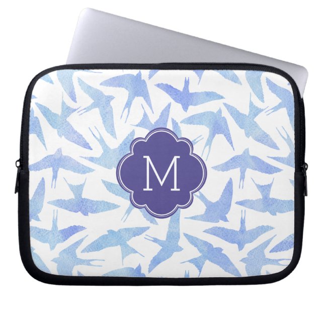 Mit Monogramm Blaues Wasserfarbenmuster Laptopschutzhülle (Vorderseite)