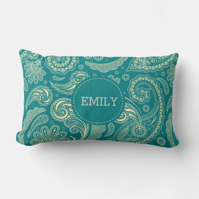 Mit Monogramm blaugrünes Paisley-Muster Lendenkissen (Vorderseite)