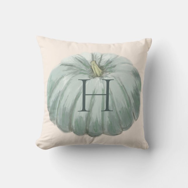Mit Monogramm Blue and Ivory Fall Pumpkin Kissen (Vorderseite)