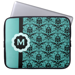 Mit Monogramm Blue Black Damask Notebook-Sieb Laptopschutzhülle
