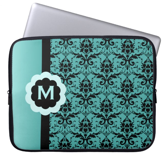 Mit Monogramm Blue Black Damask Notebook-Sieb Laptopschutzhülle (Vorderseite)