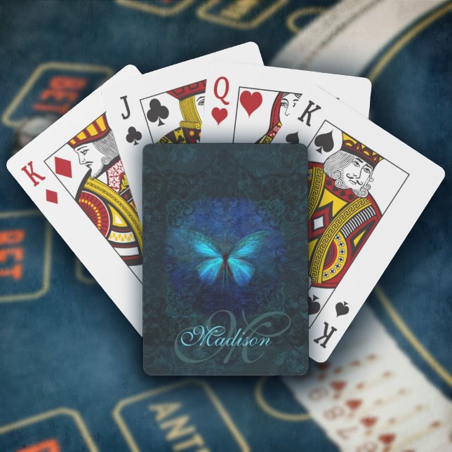 Mit Monogramm Blue Butterfly Playing Cards Spielkarten (Monogrammed Blue Butterfly Playing Cards, initialen spielkarten, mariposas, papillon jeux de cartes)