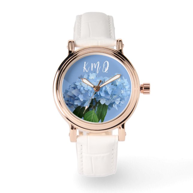 Mit Monogramm Blue Floral Custom Band Armbanduhr (Vorderseite)