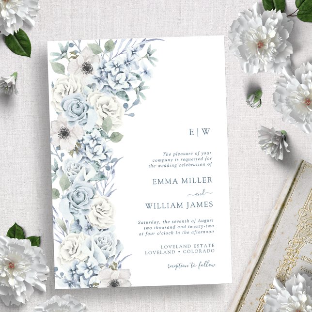 Mit Monogramm Blue Floral Wedding Einladung (Von Creator hochgeladen)