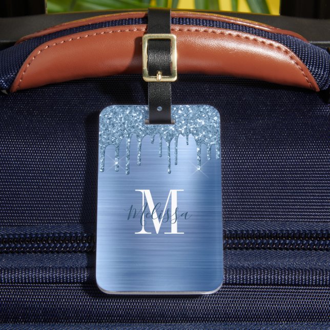 Mit Monogramm Blue Glitzer Tropfen Brushed Metal Gepäckanhänger (Vorderseite Insitu 2)