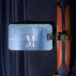 Mit Monogramm Blue Glitzer Tropfen Brushed Metal Gepäckanhänger
