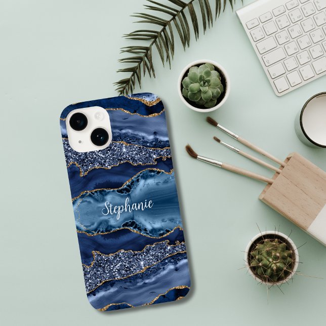 Mit Monogramm Blue Gold Agate Marble Glitzer Case-Mate iPhone 14 Hülle (Blue Gold Glitter Agate Monogrammed iPhone case)