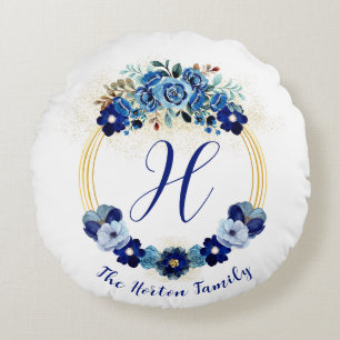 Mit Monogramm Blue Gold Botanischer Garten Kranz Rundes Kissen