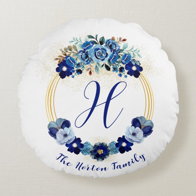 Mit Monogramm Blue Gold Botanischer Garten Kranz Rundes Kissen (Vorderseite)