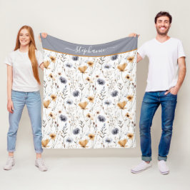Mit Monogramm Blue Grey Beige White Boho Floral Fleecedecke