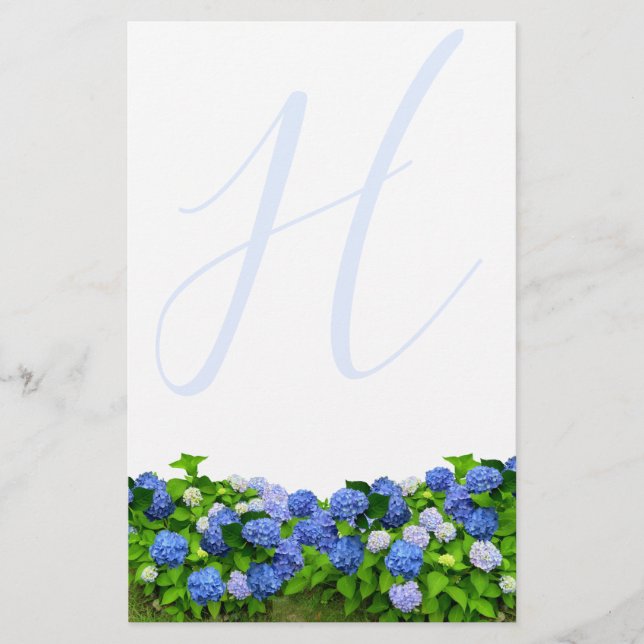 Mit Monogramm Blue Hydrangea Garden Schreibpapier (Vorderseite)