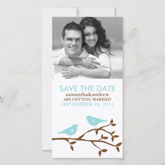 Mit Monogramm Blue Love Birds Save the Date (Vorderseite)