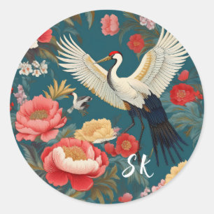 Mit Monogramm Blue & Red Floral & Cranes Chinoiser Runder Aufkleber