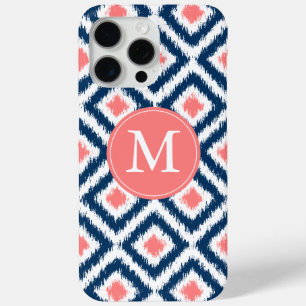 Mit Monogramm Blue und Coral Diamonds Ikat Muster iPhone 15 Pro Max Hülle