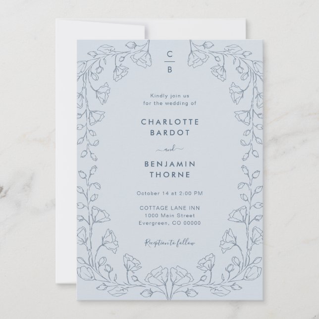 Mit Monogramm Blue Wedding Einladung (Vorderseite)