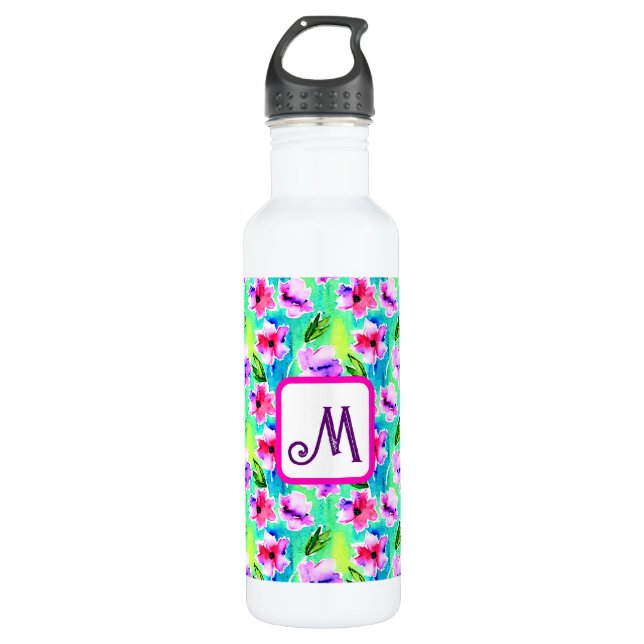Mit Monogramm Blume Edelstahlflasche (Vorderseite)