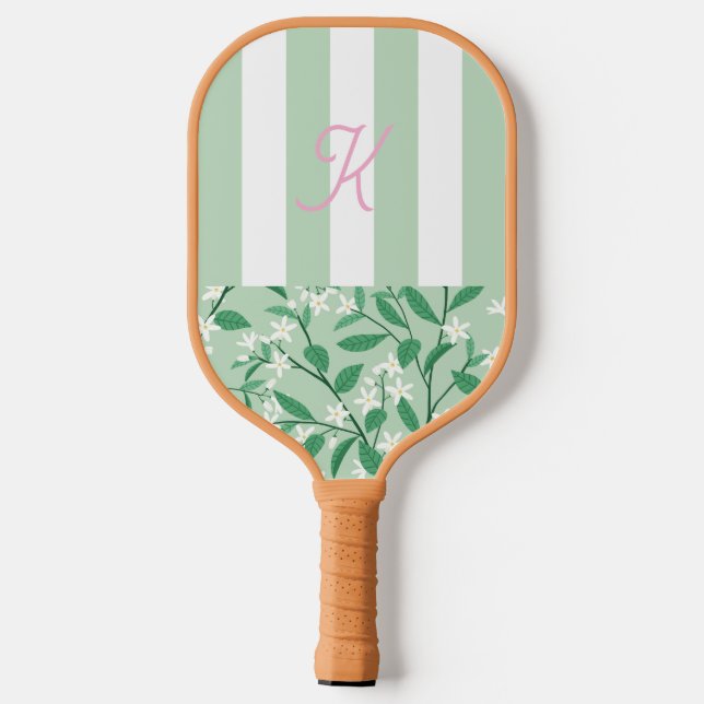 Mit Monogramm Blumeninitialen grün und rosa Pickleball Schläger (Rückseite)