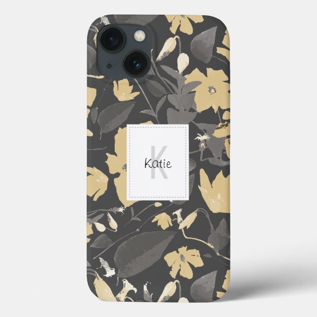 Mit Monogramm Blumenmuster Grau gelb Case-Mate iPhone Hülle (Rückseite)
