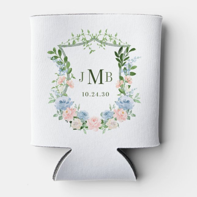 Mit Monogramm Blush Blue Floral Wappen Hochzeit Dosenkühler (Vorderseite)