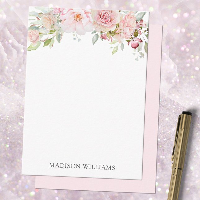 Mit Monogramm Blush Pink Rose Blume Mitteilungskarte (In situ)