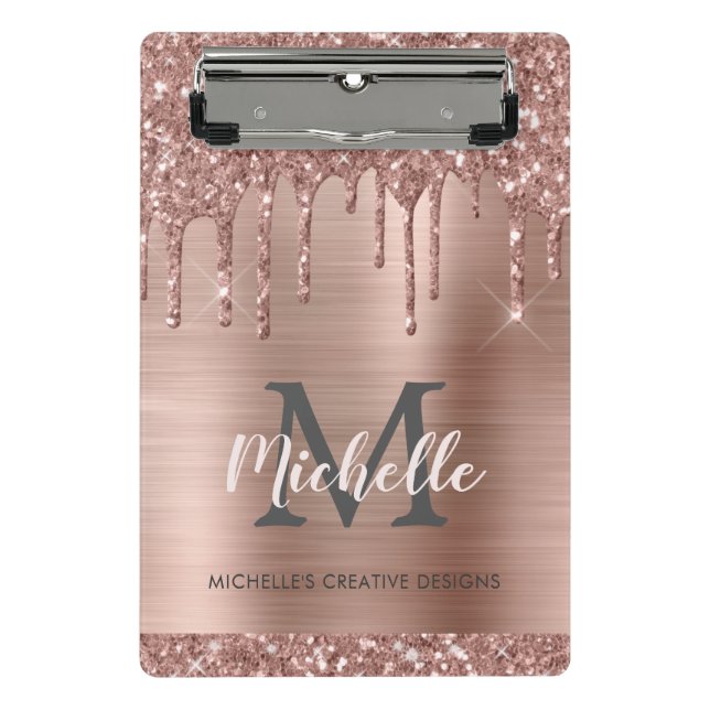 Mit Monogramm Blush Rose Gold Glitzer Drift Mini Klemmbrett (Vorderseite)