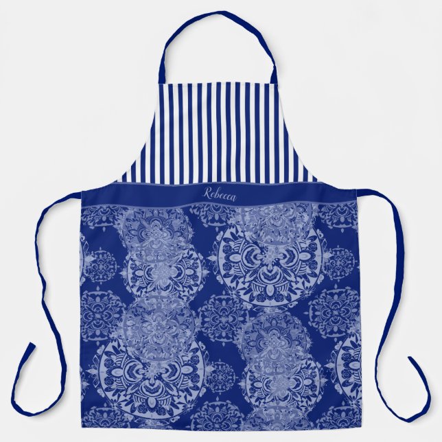 Mit Monogramm Boho Moody Blues Mandalas und Streif Schürze (Vorderseite)