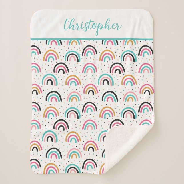 Mit Monogramm Boho Rainbows Aquamarin Orange Sherpadecke (Vorderseite)