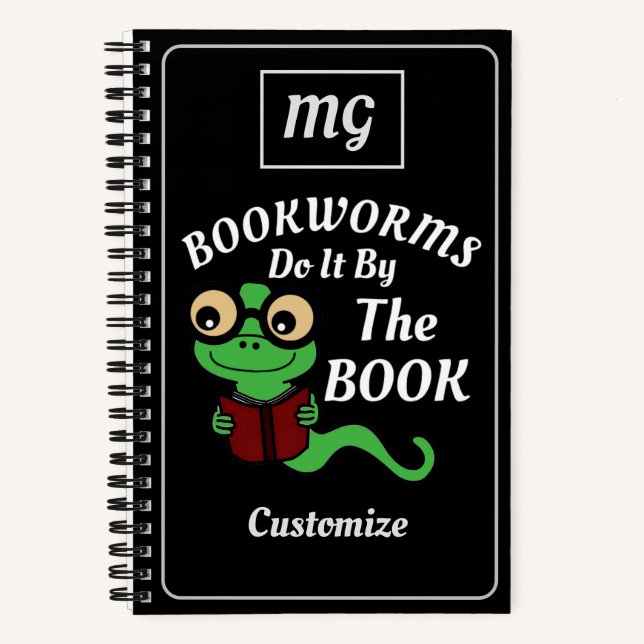 Mit Monogramm Bookworm Spaß Schwarz Benutzerdefini Notizbuch (Vorderseite)
