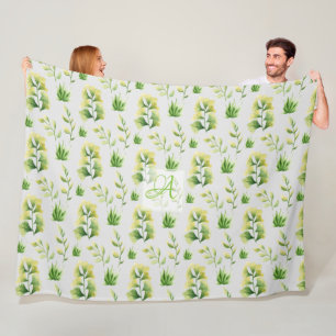 Mit Monogramm botanische Blätter Watercolor Green Fleecedecke