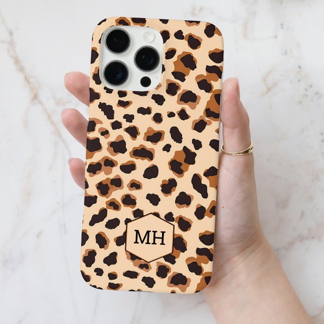 Mit Monogramm-braunes Leopard-Muster Moderner Chic iPhone 16 Pro Max Hülle (Monogrammed Brown Leopard Pattern Modern Chic Case-Mate iPhone Case)