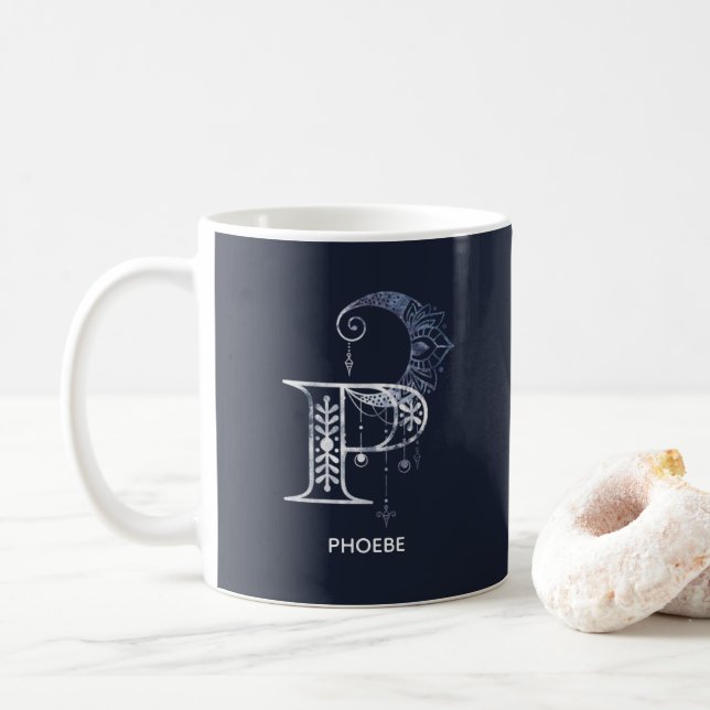 Mit Monogramm Brief P Boho Crescent Moon Mandala Kaffeetasse (Mit Donut)