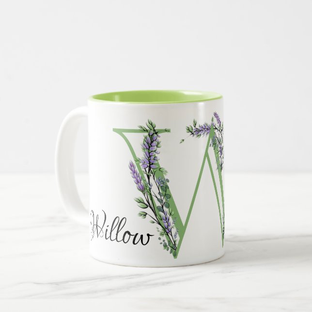 mit Monogramm Brief W Lavendel eucalyptus Zweifarbige Tasse (Vorderseite Links)