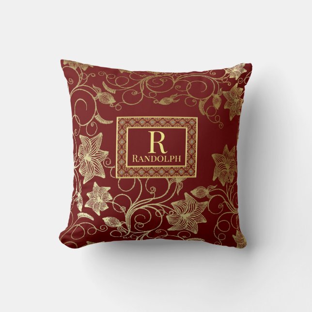 Mit Monogramm Burgundy und Goldflorententaucher-Ki Kissen (Vorderseite)