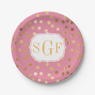 mit Monogramm Candy Pink und Gold Glitzer City Dot Pappteller
